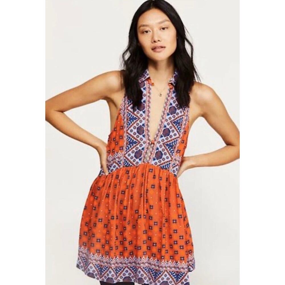 🧺 5 for $25 Sale Free People Charlotte Floral Tunic Swing Top XS Boho Orange